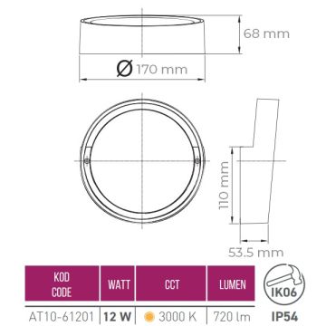 ACK AT10-61201 12 Watt Siyah Dış Mekan Yuvarlak LED Aplik - Gün Işığı (3000K) - IP65 - PC Gövde