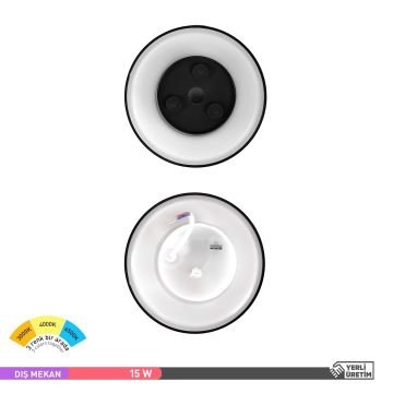 ACK AT15-01291 12 Watt Siyah Dış Mekan Yuvarlak LED Aplik - 3 Işık Renkli (Beyaz + Ilık Beyaz + Gün Işığı) - IP65