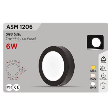 YCL ASM 1206 6 Watt Siyah Kasa Sıva Üstü Yuvarlak LED Panel