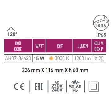 ACK AH07-06630 15 Watt Siyah Dış Mekan LED Aplik - Gün Işığı (3000K) - IP65