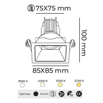 MOLLED MOL4150M Triac Dimli 8 Watt Siyah Sıva Altı Kare LED Spot (SAMSUNG/OSRAM/PHILIPS LED & EAGLERISE/PHILIPS/LIFUD Driver)