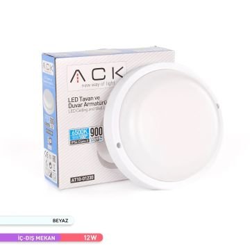 ACK AT10-01230 12 Watt Beyaz Dış Mekan Yuvarlak LED Aplik - Beyaz Işık (6500K) - IP54