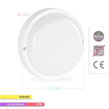 ACK AT10-01200 12 Watt Beyaz Dış Mekan Yuvarlak LED Aplik - Gün Işığı (3000K) - IP54