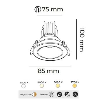 MOLLED MOL4138M Triac Dimli 8 Watt Beyaz-Gold Sıva Altı Yuvarlak LED Spot (SAMSUNG/OSRAM/PHILIPS LED & EAGLERISE/PHILIPS/LIFUD Driver)
