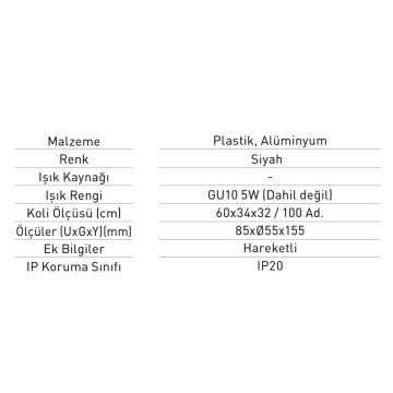 JUPITER JK650 S Siyah Ray Spot Kasası (GU10 Duylu)