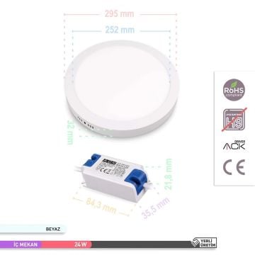 ACK AP03-02430 24 Watt Sıva Üstü Yuvarlak LED Panel - OSRAM LED - Beyaz Işık (6500K)