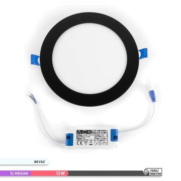 ACK AP03-01231 12 Watt Siyah Kasa Sıva Üstü Yuvarlak LED Panel - OSRAM LED - Beyaz Işık (6500K)