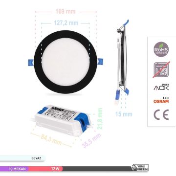 ACK AP03-01231 12 Watt Siyah Kasa Sıva Üstü Yuvarlak LED Panel - OSRAM LED - Beyaz Işık (6500K)