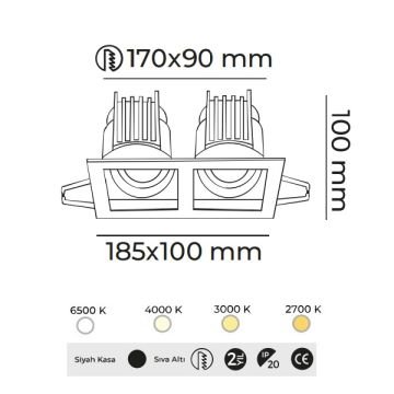 MOLLED MOL1682M 2x8 Watt Siyah Kasa Sıva Altı İkili LED Spot (SAMSUNG/OSRAM/PHILIPS LED & EAGLERISE/PHILIPS/LIFUD Driver)