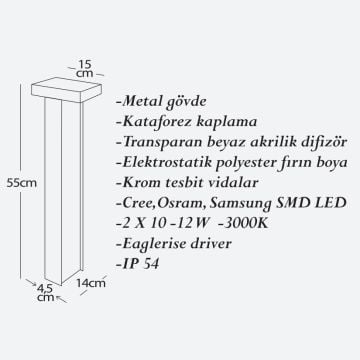 CreaLight CL-B-151 2x12 Watt 55 cm LED Bollard Armatür -SAMSUNG/CREE/OSRAM LED & EAGLERISE Driver - Metal Gövde - IP54 - Gün Işığı (3000K)