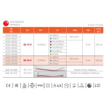 ACK AS03-00708 5 Metre 24 Volt Amber Neon Led - 10 Watt/Metre