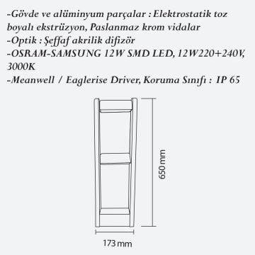 CreaLight CL-B-107-2 2x12 Watt 65 cm LED Bollard Armatür - Metal Gövde - SAMSUNG/OSRAM LED & MEAN WELL/EAGLERISE Driver - IP65 - Gün Işığı (3000K)