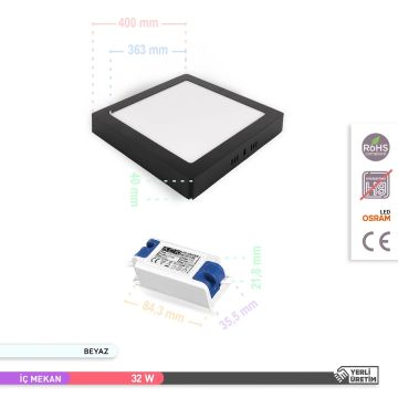 ACK AP04-03331 32 Watt Siyah Kasa Sıva Üstü 40x40 LED Panel - OSRAM LED - Beyaz Işık (6500K)