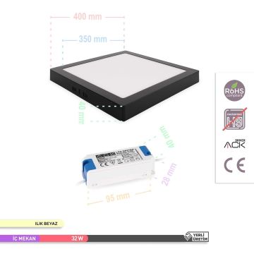 ACK AP04-03311 32 Watt Siyah Kasa Sıva Üstü 40x40 LED Panel - OSRAM LED - Ilık Beyaz (4000K)