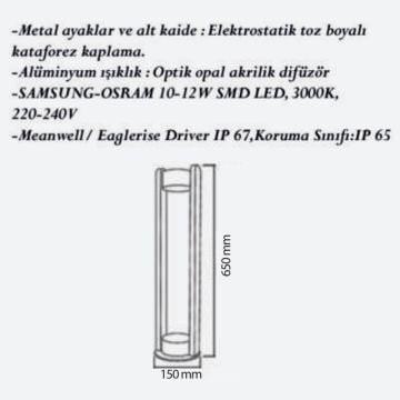 CreaLight CL-B-101 12 Watt 65 cm LED Bollard Armatür - Metal Gövde - SAMSUNG LED & MEAN WELL/EAGLERISE Driver - IP65 - Gün Işığı (3000K)