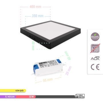 ACK AP04-03301 32 Watt Siyah Kasa Sıva Üstü 40x40 LED Panel - OSRAM LED - Gün Işığı (3000K)