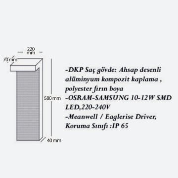 CreaLight CL-B-121 12 Watt 58 cm Ahşap (Ceviz) Desenli LED Bollard Armatür - Metal Gövde - SAMSUNG/OSRAM LED & MEAN WELL/EAGLERISE Driver - IP65 - Gün Işığı (3000K)