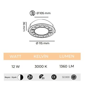 MOLLED MOL6212 12 Watt Beyaz-Siyah Sıva Altı LED Spot - Gün Işığı (3000K)