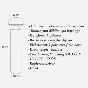 CreaLight CL-B-134 12 Watt 40 cm LED Mantar Bollard Armatür - Metal Gövde - SAMSUNG/CREE/OSRAM LED & EAGLERISE Driver - IP54 - Gün Işığı (3000K)