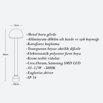 CreaLight CL-B-154 12 Watt 66 cm LED Bollard Armatür -SAMSUNG/CREE/OSRAM LED & EAGLERISE Driver - Metal Gövde - IP54 - Gün Işığı (3000K)