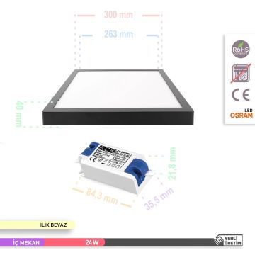 ACK AP04-02411 24 Watt Siyah Kasa Sıva Üstü 30x30 LED Panel - OSRAM LED - Ilık Beyaz (4000K)