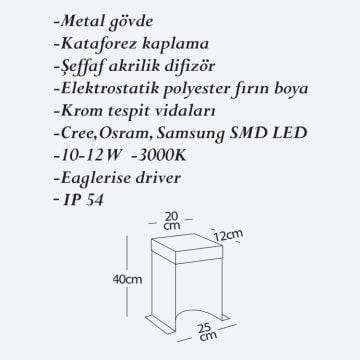 CreaLight CL-B-142 12 Watt 70 cm LED Bollard Armatür - Metal Gövde - SAMSUNG/CREE/OSRAM LED & EAGLERISE Driver - IP54 - Gün Işığı (3000K)