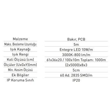 JUPITER LE206 12 Volt 10 Watt/Metre Şerit Led - Gün Işığı (3000K) [5 Metre]