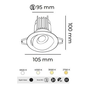 MOLLED MOL6106SM 10 Watt Siyah Kasa Sıva Altı Yuvarlak LED Spot (SAMSUNG/OSRAM/PHILIPS LED & EAGLERISE/PHILIPS/LIFUD Driver)