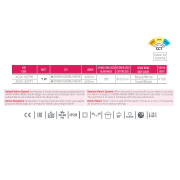 ACK AD01-00791 7 Watt Siyah Kasa Sıva Altı Yuvarlak LED Spot - 3 Işık Renkli (Beyaz + Ilık Beyaz + Gün ışığı)