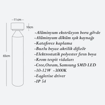 CreaLight CL-B-137 12 Watt 65 cm LED Bollard Armatür - Metal Gövde - SAMSUNG/CREE/OSRAM LED & EAGLERISE Driver - IP54 - Gün Işığı (3000K)
