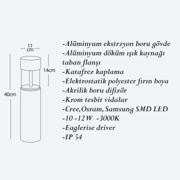 CreaLight CL-B-153 12 Watt 40 cm LED Bollard Armatür -SAMSUNG/CREE/OSRAM LED & EAGLERISE Driver - Metal Gövde - IP54 - Gün Işığı (3000K)