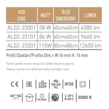 CreaLight AL02-23201 115 Watt 80x80 cm Kare LED Avize