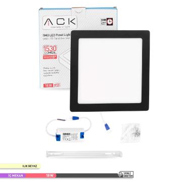 ACK AP04-01811 18 Watt Siyah Kasa Sıva Üstü Kare LED Panel - OSRAM LED - Ilık Beyaz (4000K)