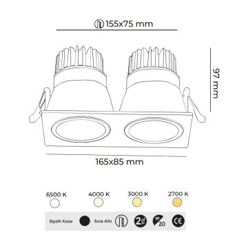 MOLLED MOL4082M 2x12 Watt Siyah Kasa Sıva Altı İkili LED Spot (SAMSUNG/OSRAM/PHILIPS LED & EAGLERISE/PHILIPS/LIFUD Driver)
