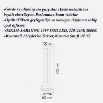 CreaLight CL-B-109 3x5 Watt 57 cm LED Bollard Armatür - Metal Gövde - SAMSUNG/OSRAM LED & MEAN WELL/EAGLERISE Driver - IP65 - Gün Işığı (3000K)