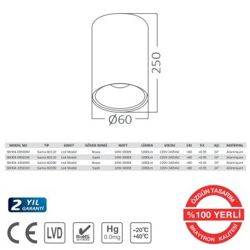 Braytron SBH04-00501M 10 Watt 6x11 cm Siyah Sıva Üstü LED Spot - Gün Işığı (3000K)