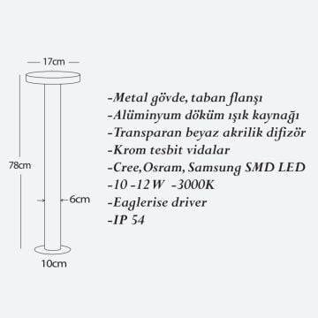 CreaLight CL-B-150 12 Watt 78 cm LED Bollard Armatür -SAMSUNG/CREE/OSRAM LED & EAGLERISE Driver - Metal Gövde - IP54 - Gün Işığı (3000K)