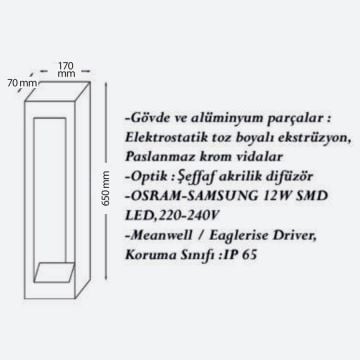 CreaLight CL-B-128 12 Watt 65 cm LED Bollard Armatür - Metal Gövde - SAMSUNG/OSRAM LED & MEAN WELL/EAGLERISE Driver - IP65 - Gün Işığı (3000K)