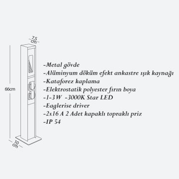 CreaLight CL-B-143 3 Watt 66 cm Kapaklı Topraklı Prizli LED Bollard Armatür - Metal Gövde - EAGLERISE Driver - IP54 - Gün Işığı (3000K)