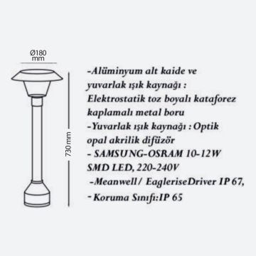 CreaLight CL-B-124 12 Watt 73 cm LED Bollard Armatür - Metal Gövde - SAMSUNG/OSRAM LED & MEAN WELL/EAGLERISE Driver - IP65 - Gün Işığı (3000K)