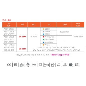 ACK AS01-01501 220 Volt Ilık Beyaz (4000K) Dış Mekan Şerit Led - 10 Watt/Metre - 5x10 mm [100 Metre]
