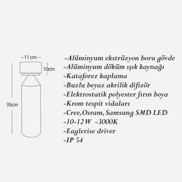 CreaLight CL-B-136 12 Watt 35 cm LED Bollard Armatür - Metal Gövde - SAMSUNG/CREE/OSRAM LED & EAGLERISE Driver - IP54 - Gün Işığı (3000K)