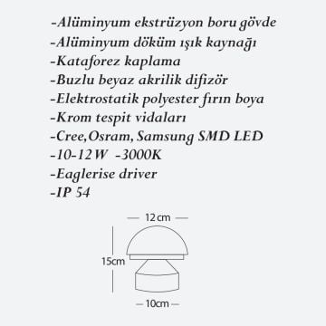 CreaLight CL-B-132 12 Watt 15 cm LED Mantar Bollard Armatür - Metal Gövde - SAMSUNG/CREE/OSRAM LED & EAGLERISE Driver - IP54 - Gün Işığı (3000K)