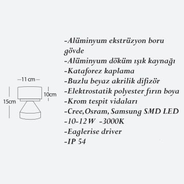 CreaLight CL-B-135 12 Watt 15 cm LED Bollard Armatür - Metal Gövde - SAMSUNG/CREE/OSRAM LED & EAGLERISE Driver - IP54 - Gün Işığı (3000K)