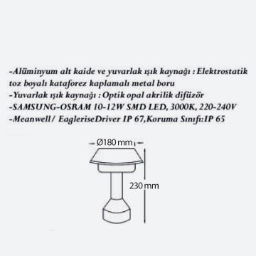 CreaLight CL-B-112 12 Watt 23 cm LED Mantar Bollard Armatür - Metal Gövde - SAMSUNG/OSRAM LED & MEAN WELL/EAGLERISE Driver - IP65 - Gün Işığı (3000K)