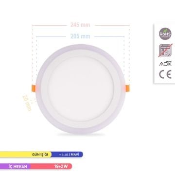 ACK AP30-31800 18+2 Watt Çift Renkli Sıva Altı Yuvarlak LED Panel - Mavi + Gün Işığı (3000K)