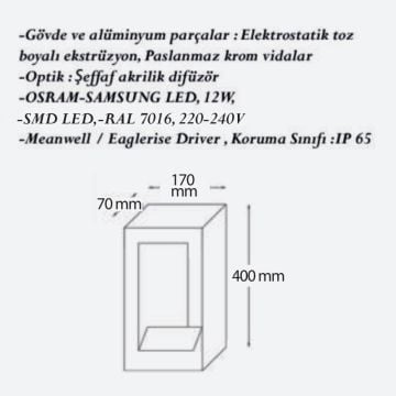 CreaLight CL-B-127 12 Watt 70 cm LED Bollard Armatür - Metal Gövde - SAMSUNG/OSRAM LED & MEAN WELL/EAGLERISE Driver - IP65 - Gün Işığı (3000K)