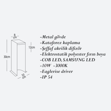 CreaLight CL-B-140 12 Watt 30 cm LED Bollard Armatür - Metal Gövde - SAMSUNG LED & EAGLERISE Driver - IP54 - Gün Işığı (3000K)