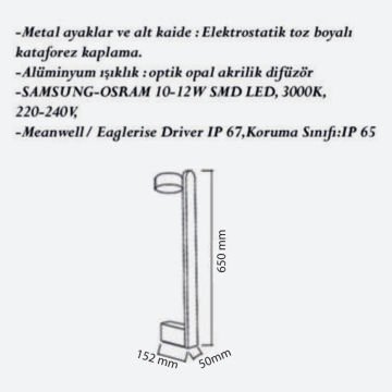 CreaLight CL-B-102 12 Watt 65 cm LED Bollard Armatür - Metal Gövde - SAMSUNG LED & MEAN WELL/EAGLERISE Driver - IP65 - Gün Işığı (3000K)