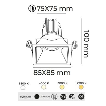 MOLLED MOL4150M 8 Watt Siyah Sıva Altı Kare LED Spot (SAMSUNG/OSRAM/PHILIPS LED & EAGLERISE/PHILIPS/LIFUD Driver)